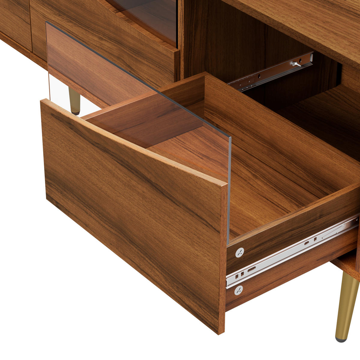 TV-SCHRANK 180 cm Mit LED-Beleuchtung, Glasfront, goldenen Metallfüßen Walnussfarben, Stauraum für Wohnzimmer - Braun, Holzwerkstoff (180/50/40cm) - Urban Meuble