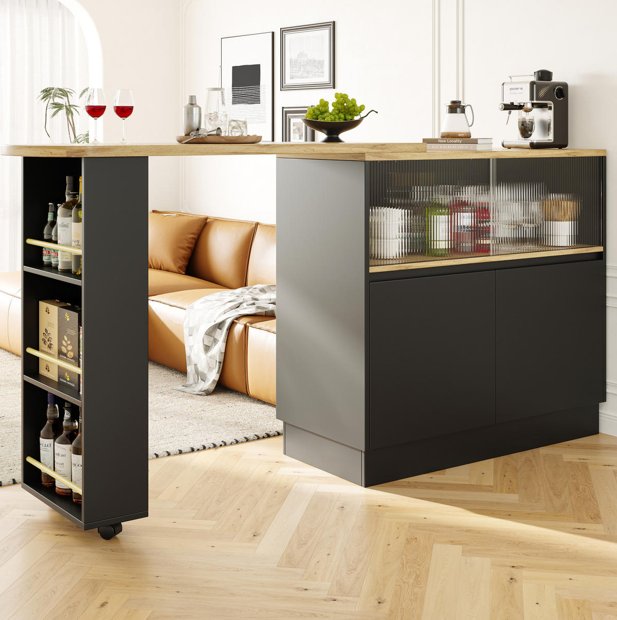 BAROVÁ skříňka 90/45/100 cm černá z MDF s 360° otočným designem a skleněnými dveřmi - černá, kompozitní dřevo (90/45/100cm) - OKWISH