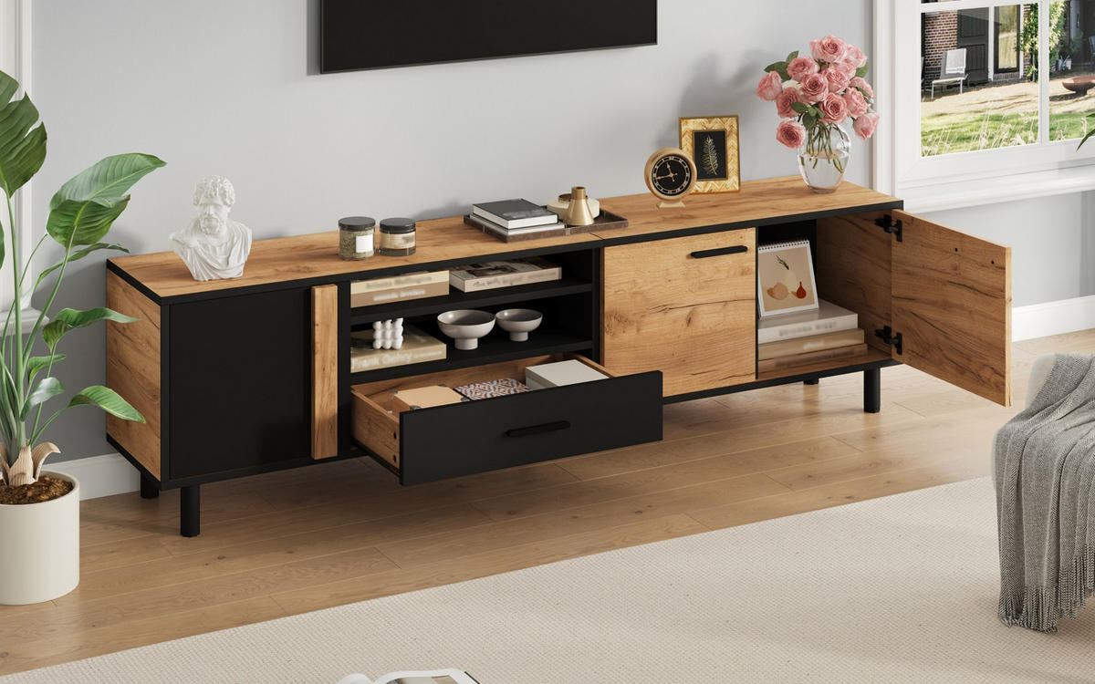 TV-LOWBOARD 180/32,5/50 cm mit 3 Türen und Schublade in Holzoptik/Schwarz - Schwarz, Holzwerkstoff (180/50/32.5cm) - BEAOK