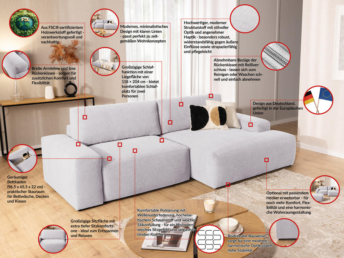 ECKSOFA Lennon aus Greige Strukturstoff mit Schlaffunktion und Bettkasten - Greige/Schwarz, Holz/Kunststoff (264/137cm) - S-Style