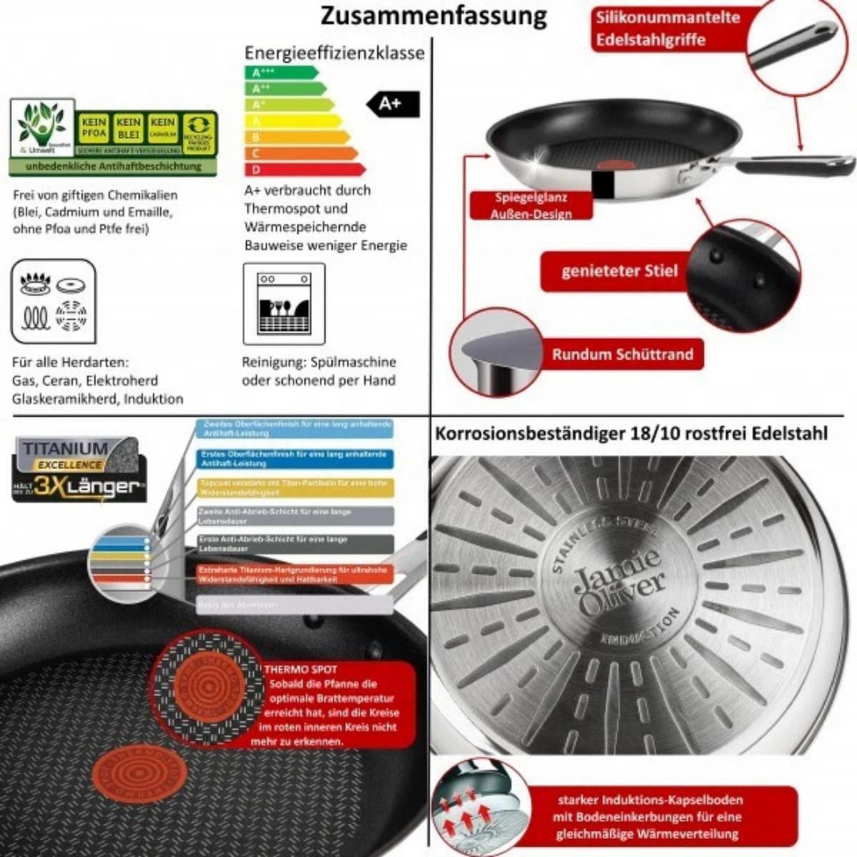BRATPFANNE E76 Jamie Oliver 26 cm 3-tlg Edelstahl Antihaft Induktion - Silberfarben/Schwarz, Metall (26cm) - Tefal