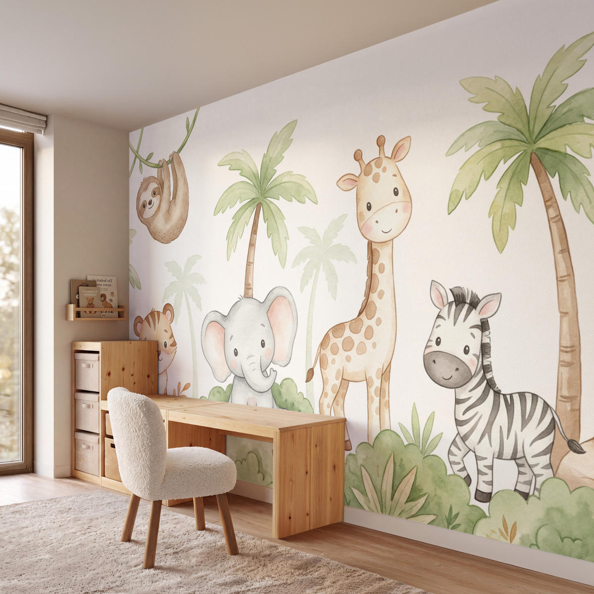 KINDERTAPETE - Tiere - Dschungel - Pastell - 350x240 cm - Weiß, Papier (350/240cm) - OnlyWow