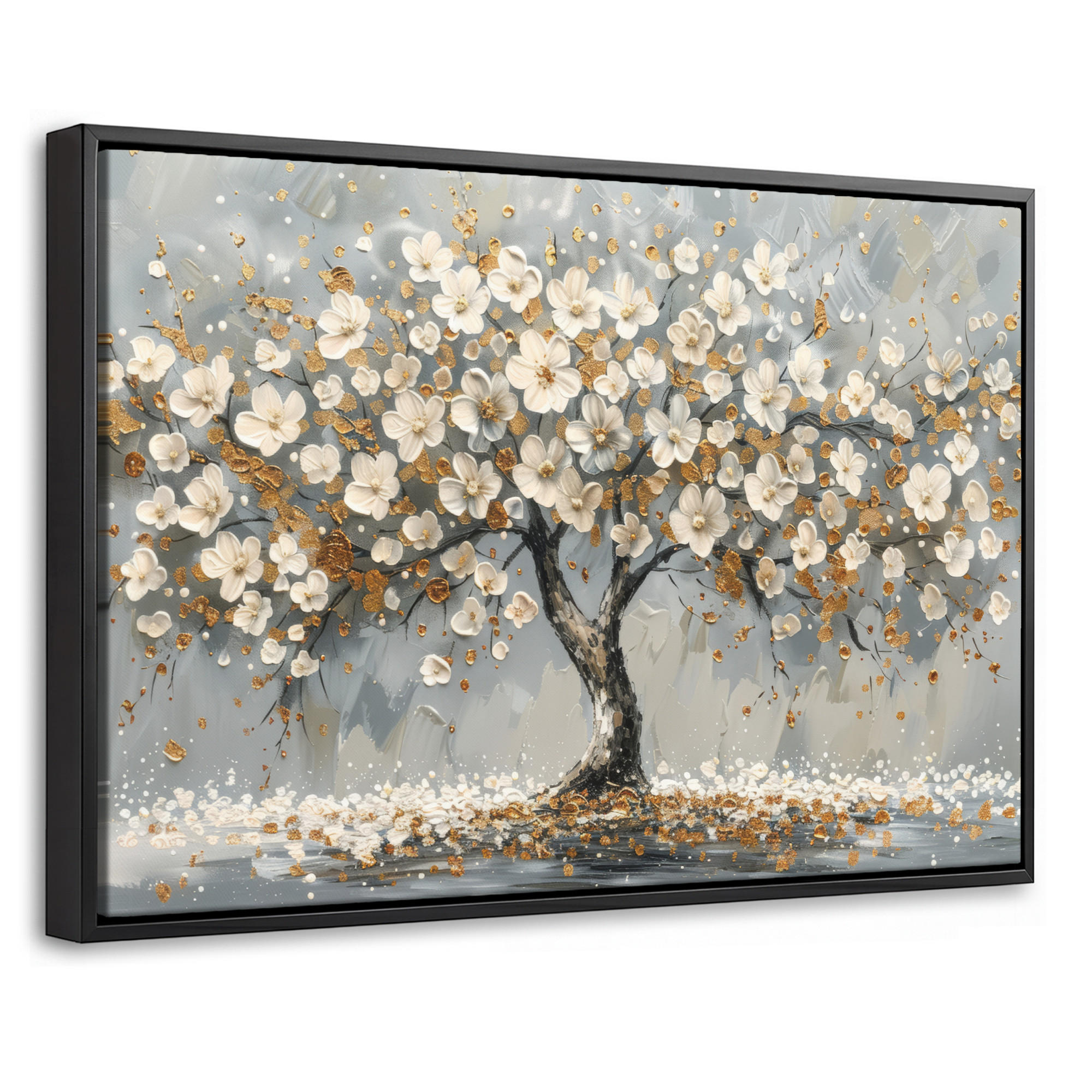 LEINWAND Bilder mit Rahmen - Baum - Blumen - Weiß - Natur - Kunst - 60x40 - Weiß, Textil (60/40cm) - MuchoWow