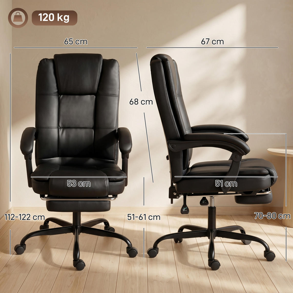 BÜROSTUHL Schwarz mit Liegefunktion und Fußstütze - Schwarz, Kunststoff (67/122/65cm) - PANGIVO