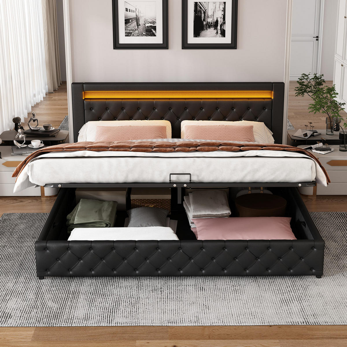 POLSTERBETT Funktionsbett PU 160x200 cm Schwarz Mit Stauraum und LED - Schwarz, Textil - Raelunyi