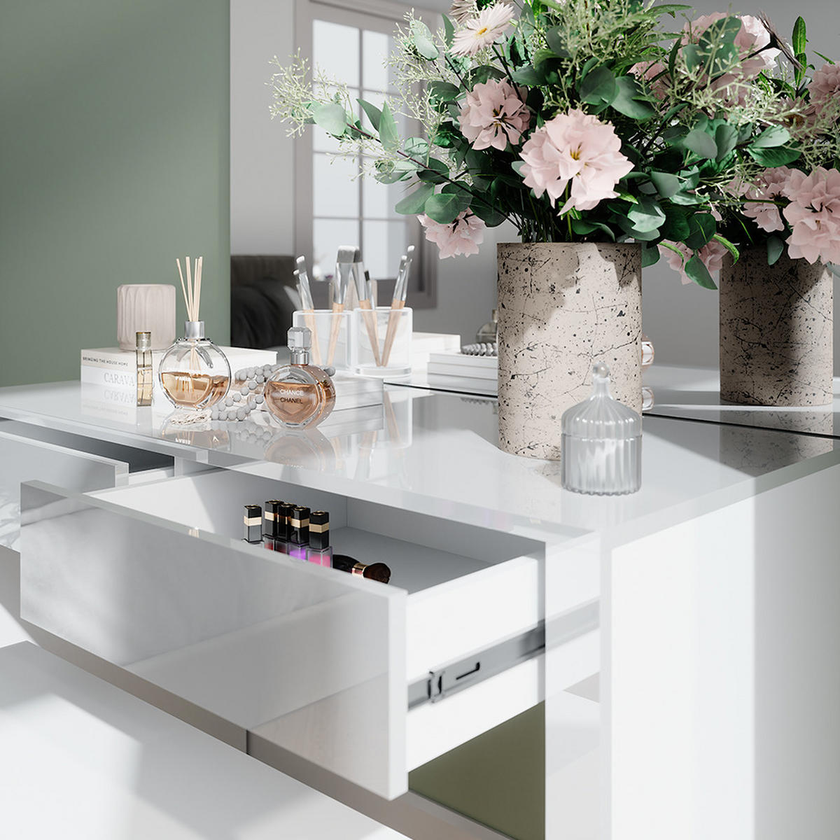 SCHMINKTISCH Annabelle Weiß Hochglanz/Weiß 110 cm mit Spiegel und Bank - Weiß Hochglanz/Weiß, Holzwerkstoff (110/75.5/50cm) - Vicco
