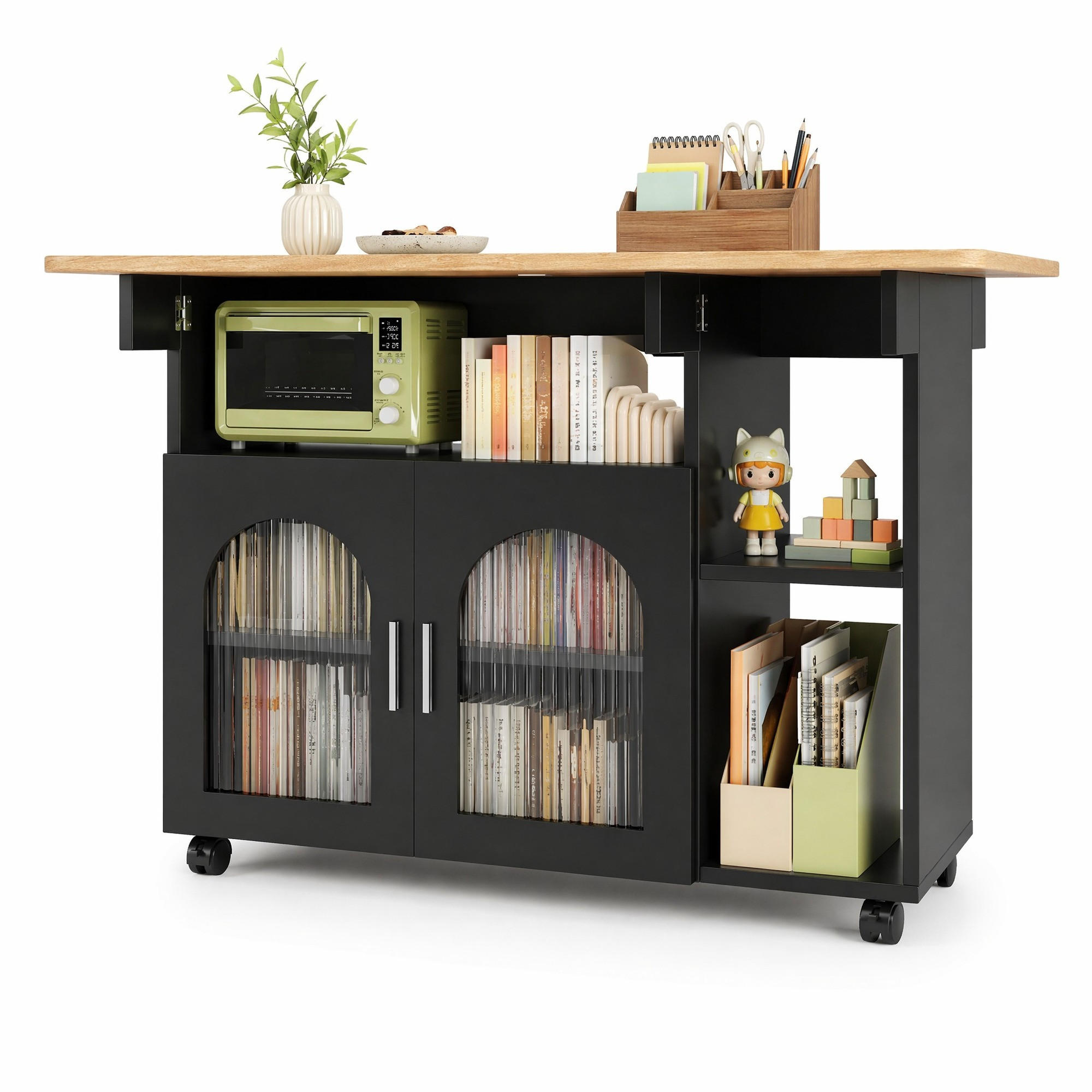 KÜCHENINSEL in Schwarz und Naturfarben Servierwagen mit Glastüren für Küche und Esszimmer, B120/T30/H79.5 cm - Schwarz/Naturfarben, Glas/Holzwerkstoff (120/79.5/70cm) - STILVORA