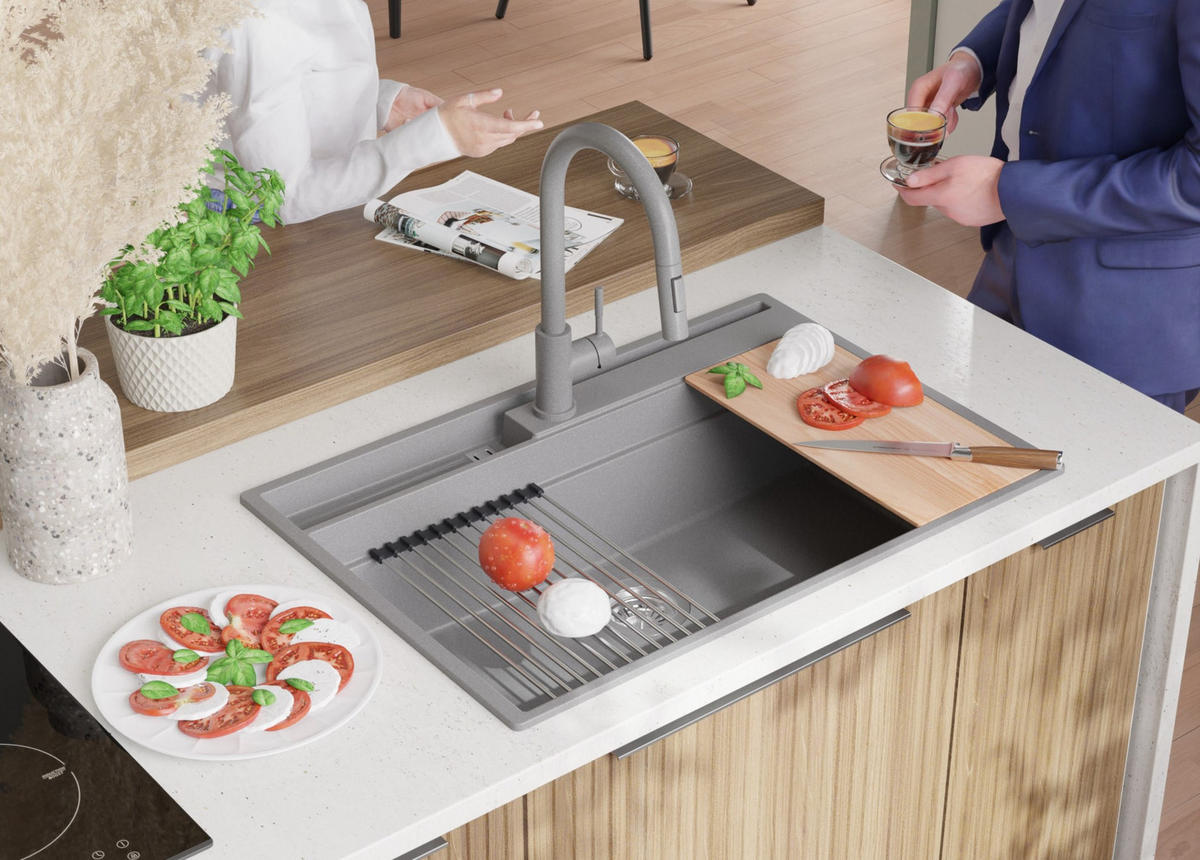 GRANITSPÜLE Oslo Pocket, 2-er set Grau 78/53 cm 1 Becken + Küchenarmatur 32/20 cm + Ablauf-Set + Küchenzubehörset ab 80er Unterschrank - Chromfarben/Beige, Kunststoff (78/20/53cm) - Primagran