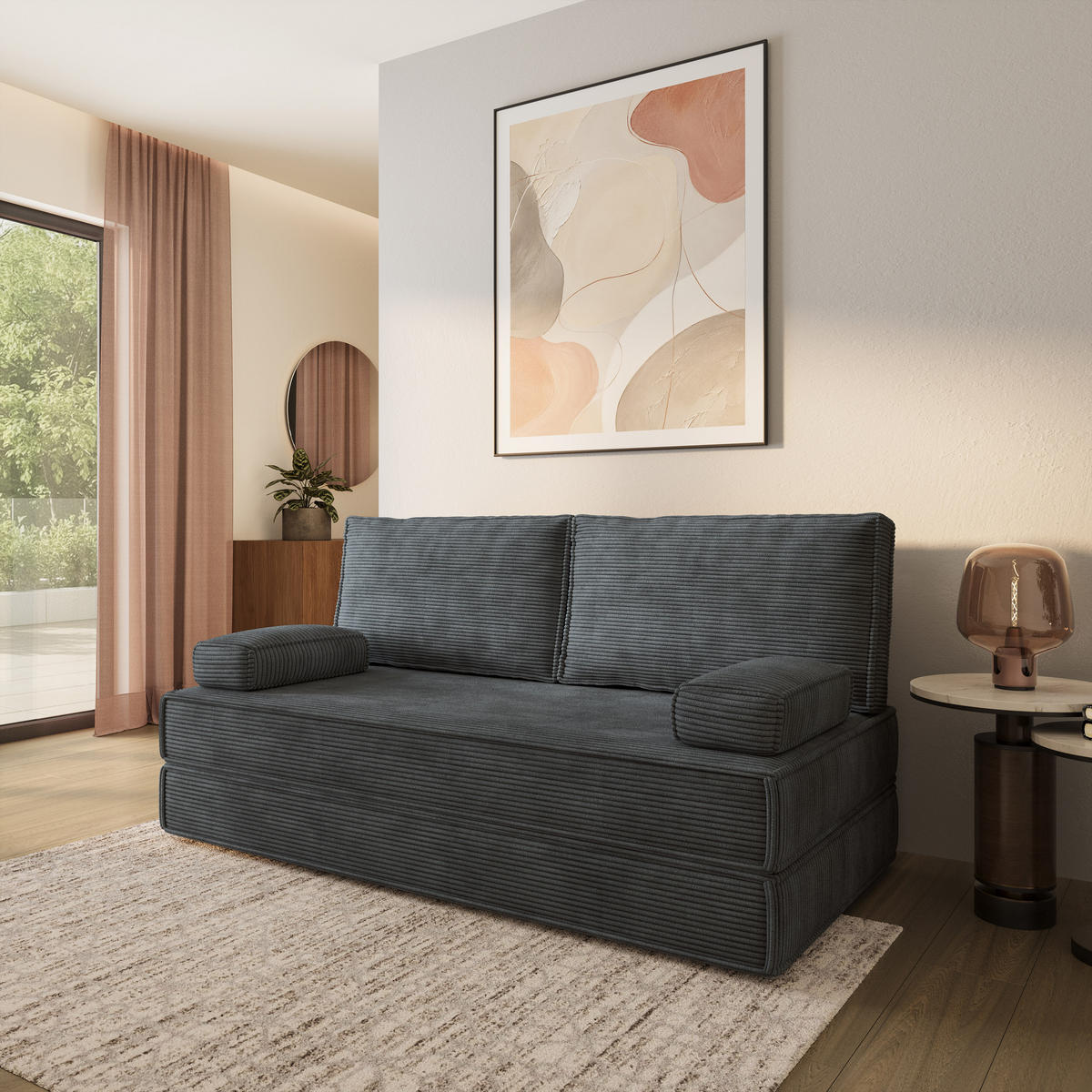 POHOVKA z pěny SILAR s funkcí spaní Manšestrová látka Grafitová - tmavě šedá/antracitová, textil (170/86/80cm) - MASSENO