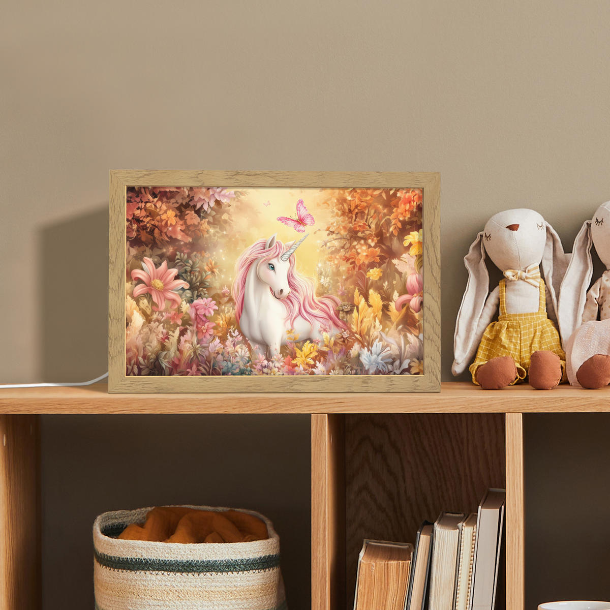 NACHTTISCHLAMPE Einhorn - Blumen - Schmetterling - Rosa 30x20 cm - Beige, Holzwerkstoff (8/30/20cm)