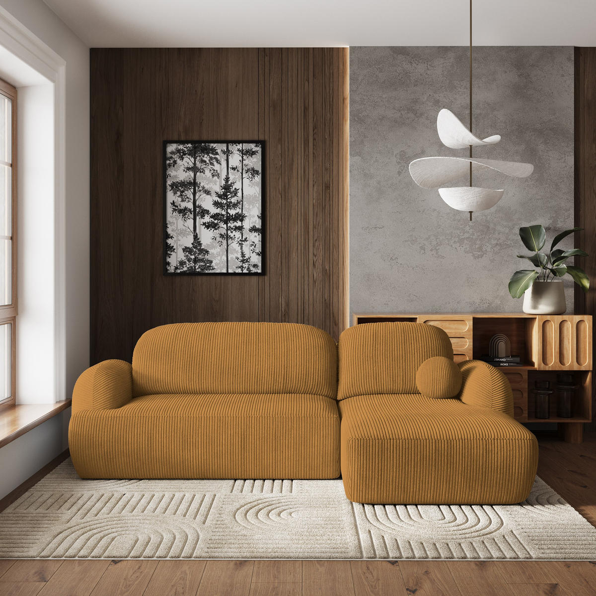 ROHOVÁ SEDAČKA MODENZA žlutá - černá/žlutá, dřevo/textil (266/148cm) - MASSENO