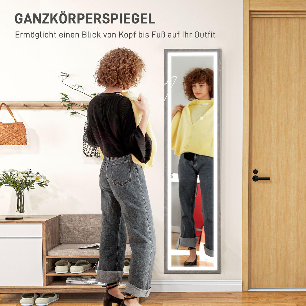 GANZKÖRPERSPIEGEL 40 x 160 cm Standspiegel mit LED-Lichte, 3 Lichtfarben, Grau - Grau, Glas (5/160/40cm) - HOMCOM