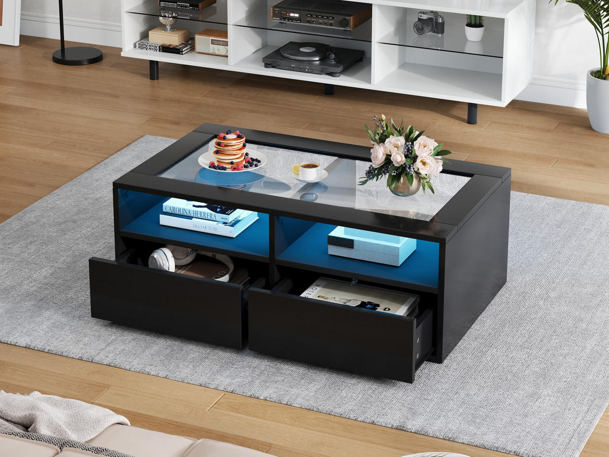 COUCHTISCH 100/50/35 cm Schwarz aus Glas und Holzwerkstoff mit LED-Beleuchtung und 2 Schubladen - Schwarz, Glas (100/50/35cm) - OKWISH