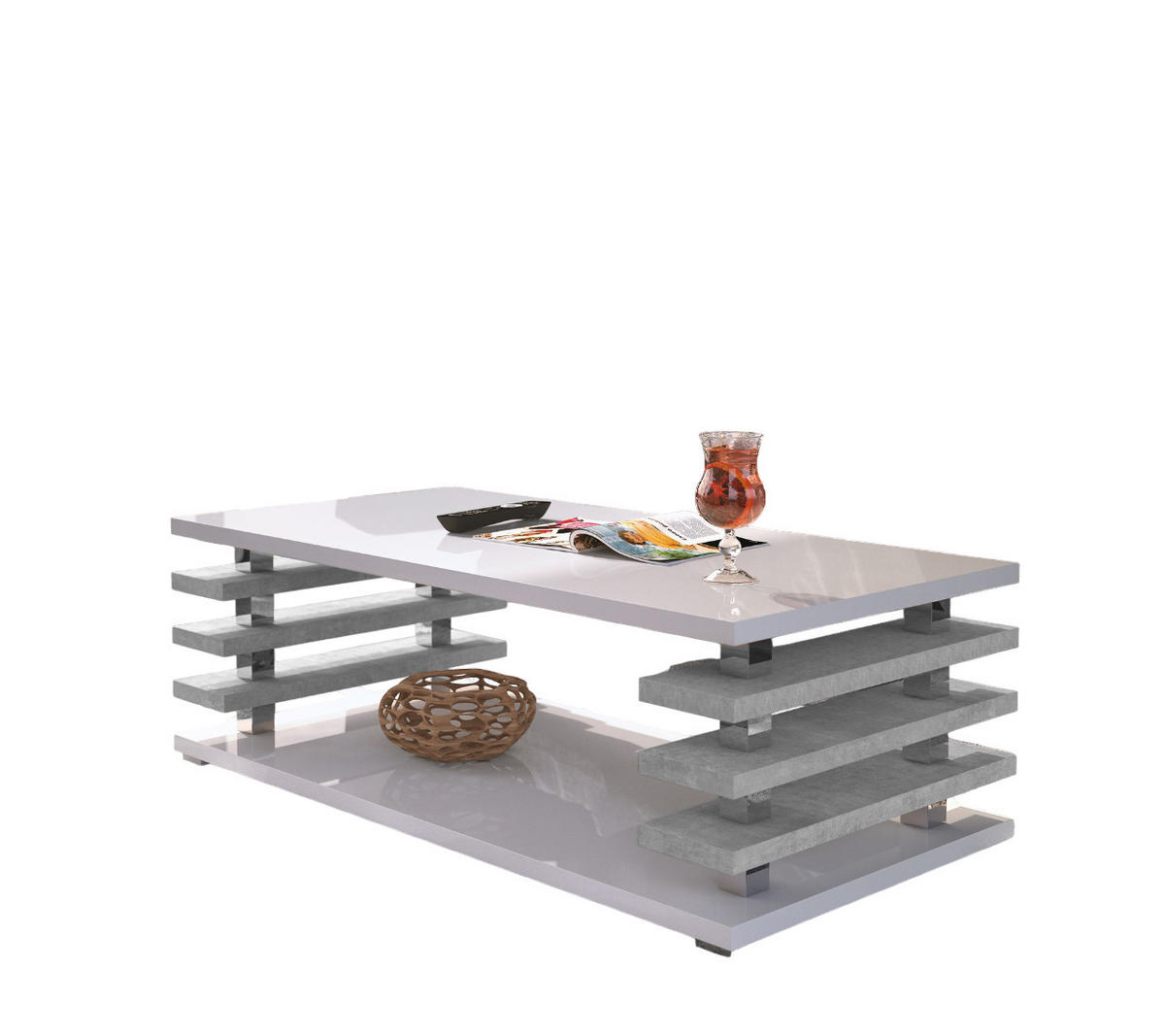 COUCHTISCH rechteckig Weiß Hochglanz - Beton Ablage 120/40/60 cm - Weiß Hochglanz/Hellgrau, Holzwerkstoff (60/120/40cm) - designimpex