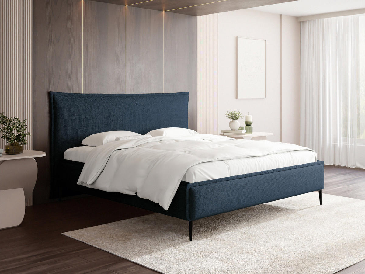 POLSTERBETT Pillow Rise mit Bettkasten, Lattenrost & hohen Metallfüßen in Dunkelblau Chenille 120x200 cm - Blau/Birkefarben, Holz/Holzwerkstoff (120/200cm) - WFL GROUP