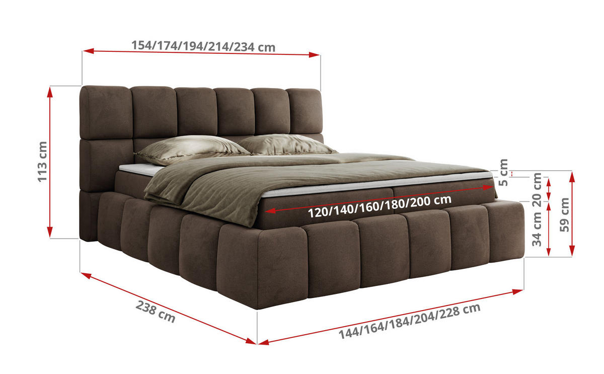 BOXBETT NIRA 120/200 - Braun Velvet - H3 - Braun, Holz/Textil (120/200cm) - MKS