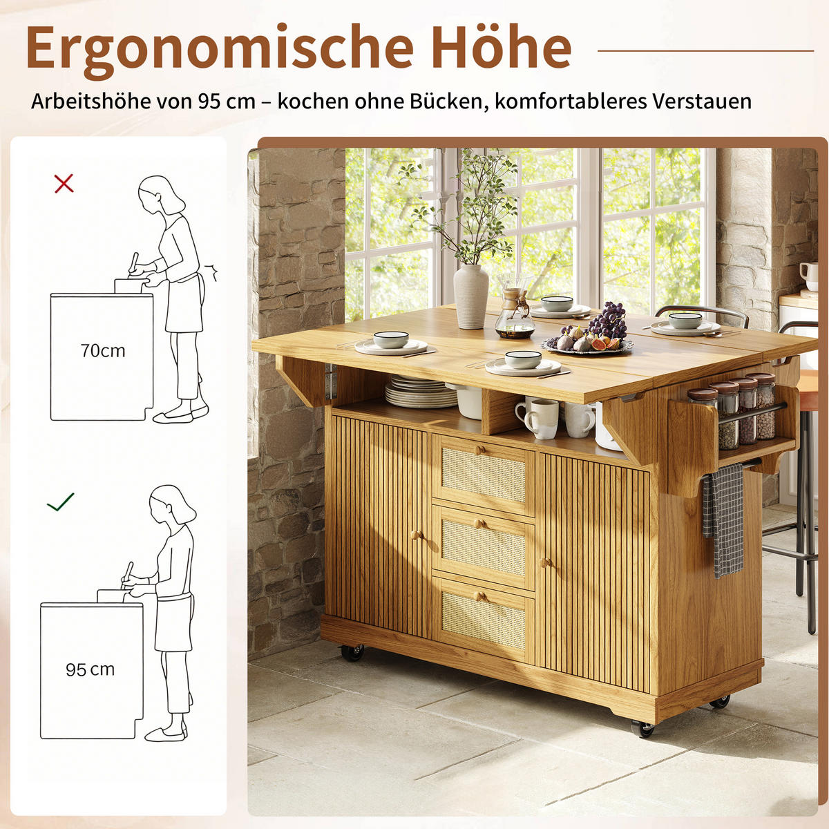 KÜCHENINSEL Ausklappbar PE Rattan Naturbraun - Naturfarben, Holzwerkstoff (142.5/95/80cm) - FLIEKS