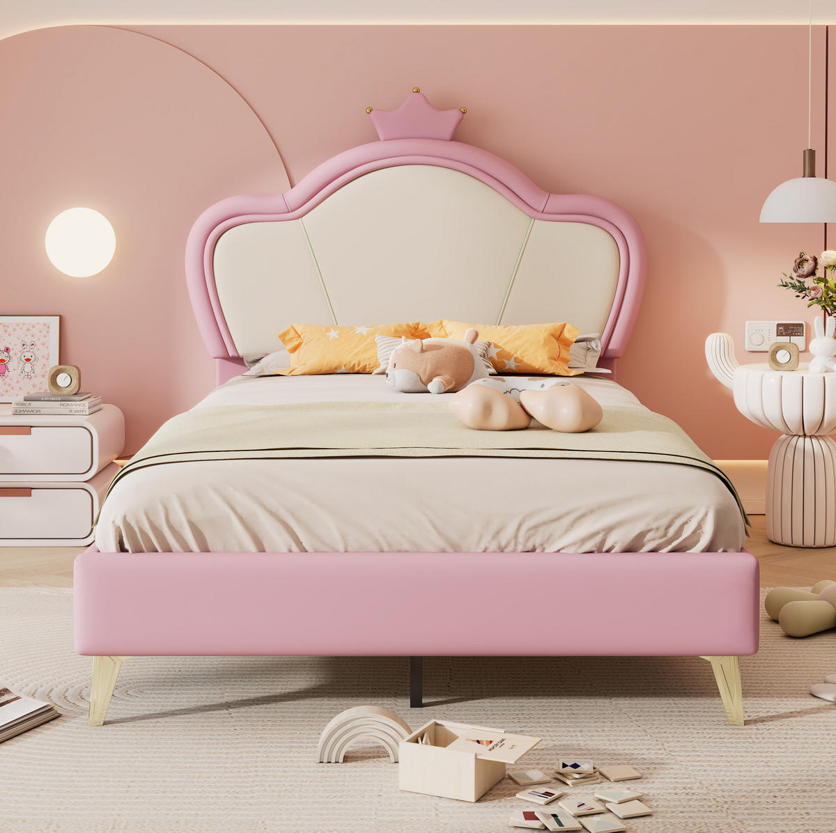POLSTERBETT 90/200 cm Rosa/Weiß mit Krone ohne Matratze - Rosa, Textil (90/200cm) - MIVRAY