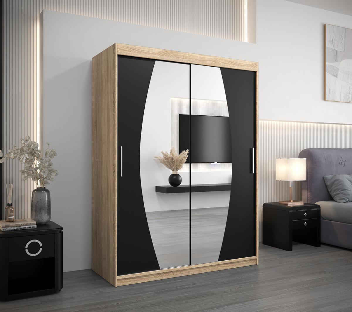 SCHWEBETÜRENSCHRANK 200/150/62 2-türig - Silberfarben/Schwarz, Holz/Kunststoff (150/200/62cm) - Abiks Möbel
