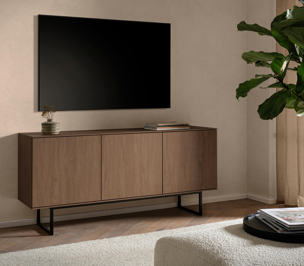 TV-LOWBOARD Nussbaum 150 x 70 cm, TV Unterteil mit Push-to-Open und Komforthöhe - Nussbaumfarben/Schwarz, Holzwerkstoff/Metall (150/70/40cm) - Furn.Design