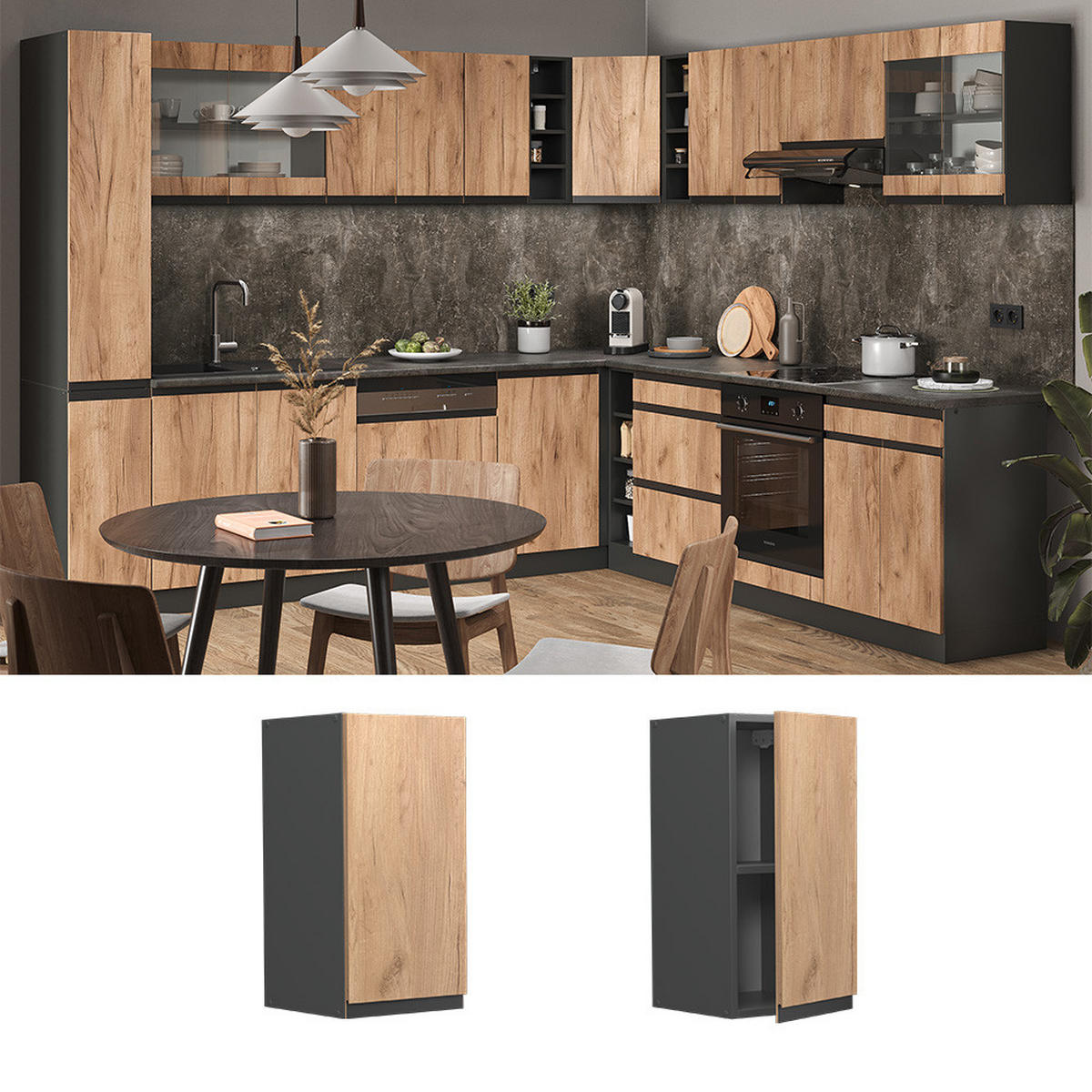 HÄNGESCHRANK R-Line Goldkraft Eiche 30 cm J-Shape - Anthrazit/Eiche Wotan, Holzwerkstoff (30/60/31cm) - Vicco