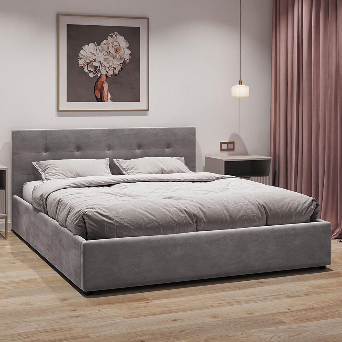 POLSTERBETT 140×200 mit Bettkasten und Lattenrost Mira HLR-22 Grau Velours - Grau, Holz (140/200cm) - Jana