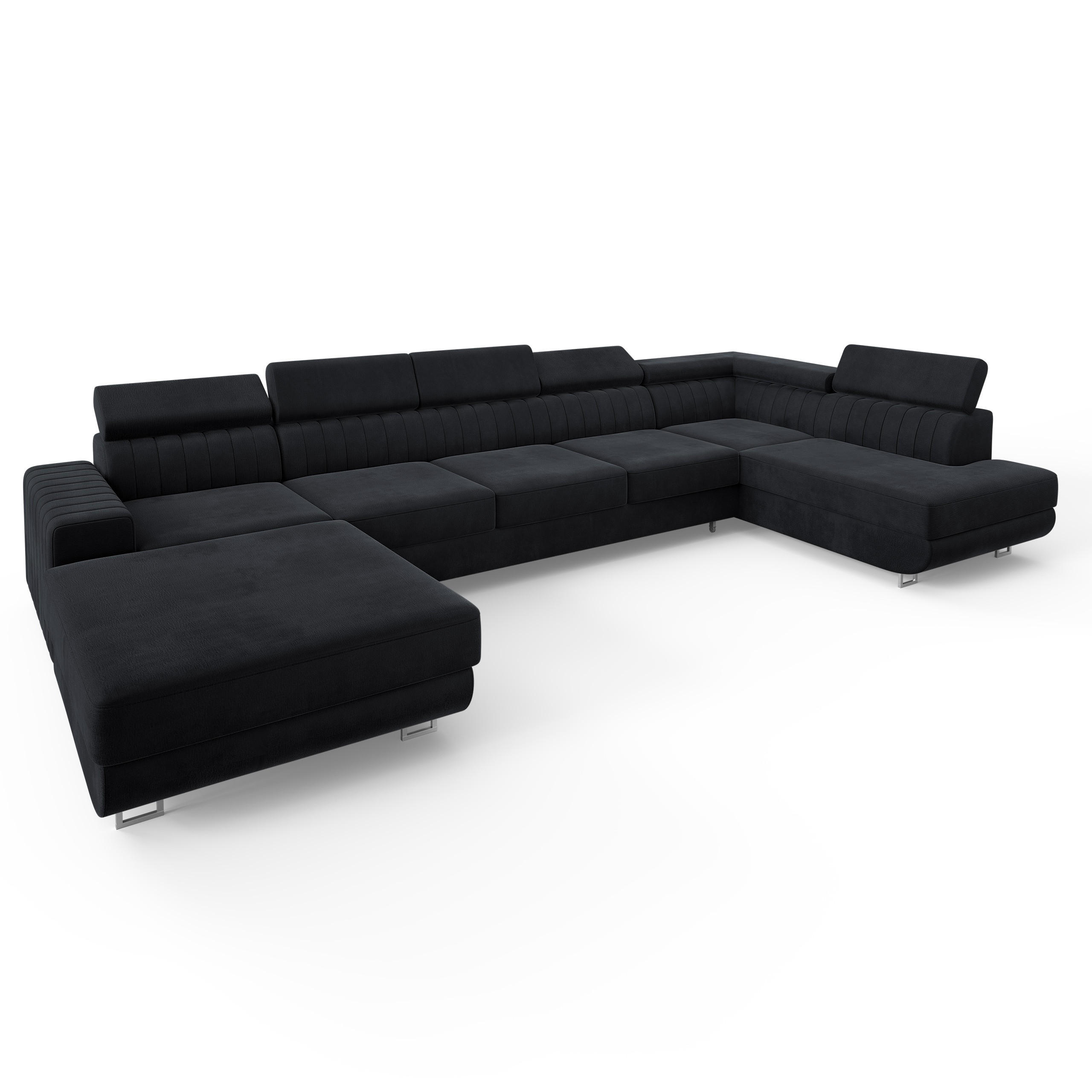 WOHNLANDSCHAFT GAIAN Schwarz Velours-Stoff mit Schlaffunktion - Schwarz, Holz (412/88/190cm) - MASSENO