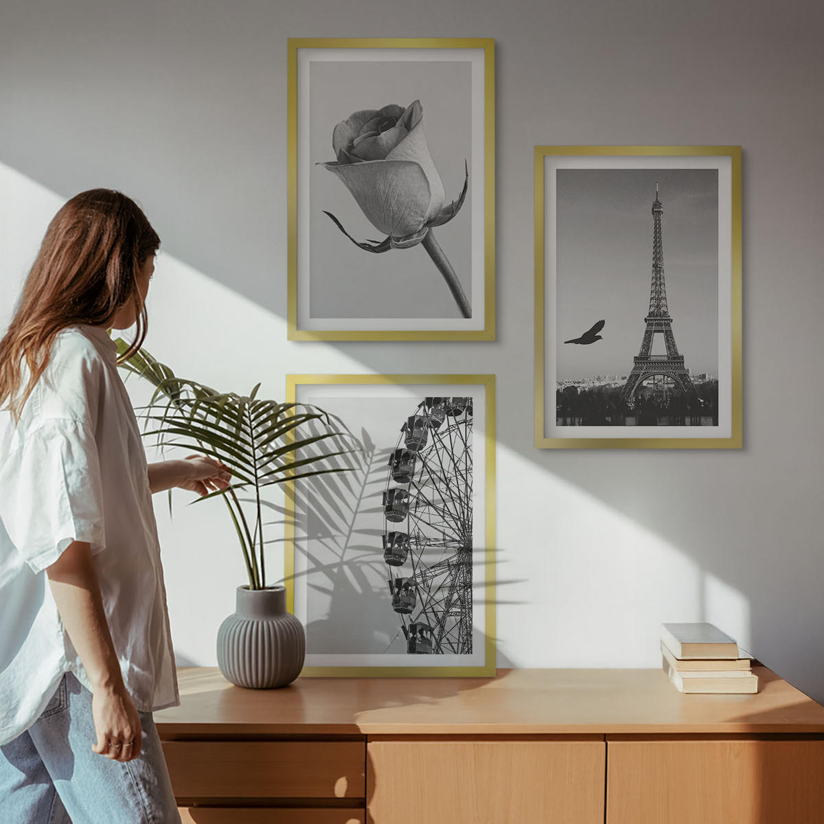 WANDBILDER 3er Set - 40x60 cm Goldrahmen - Rose Eiffelturm Riesenrad - Goldfarben, Kunststoff (40/60cm) - ArtPrintCave