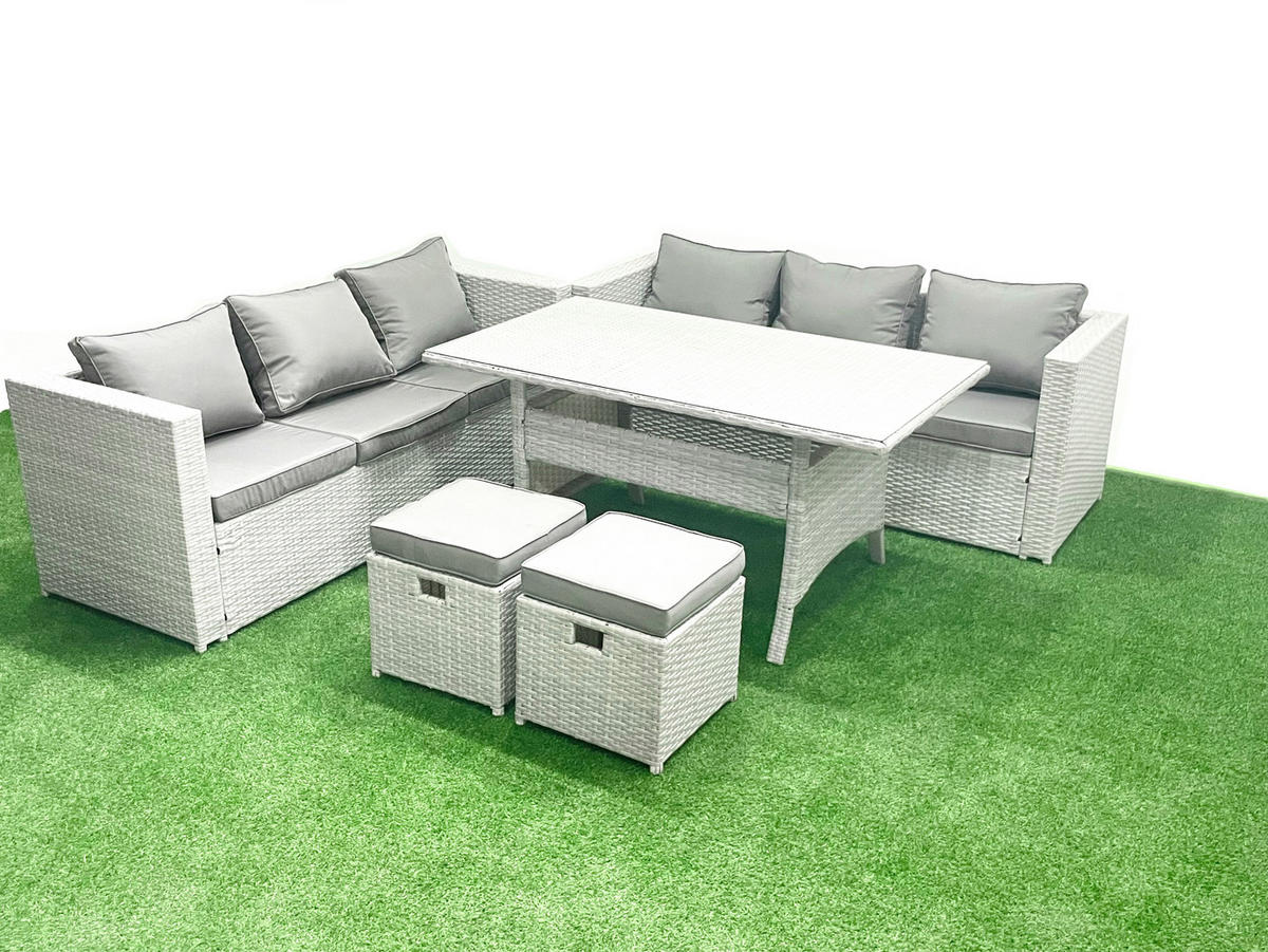 GARTENMÖBEL SET mit Esstisch,2 Hockern Polyrattan Hellgrau 8-Sitzer - Hellgrau/Grau, Glas/Kunststoff - Fimous