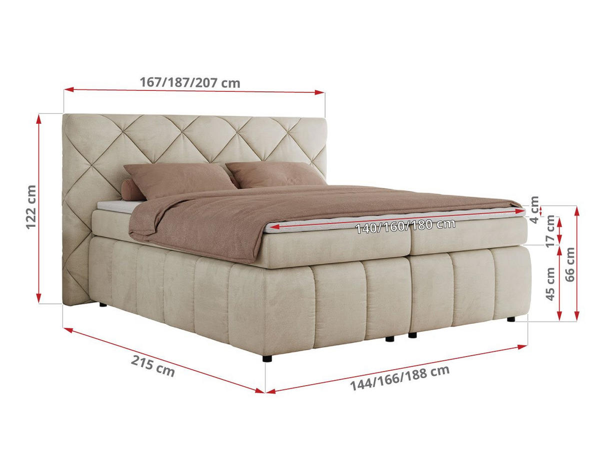 BOXBETT RITA 160/200 - Beige Velvet - H3 - Beige, Holz/Textil (160/200cm)