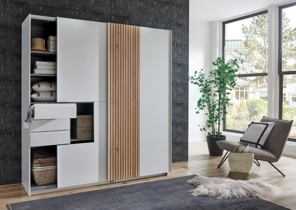 KLEIDERSCHRANK Coburg in Weiß mit Akustiklamellen in Artisan Eiche - Schwebetürenschrank - Weiß/Eiche Artisan, Holzwerkstoff (180/198/65cm)