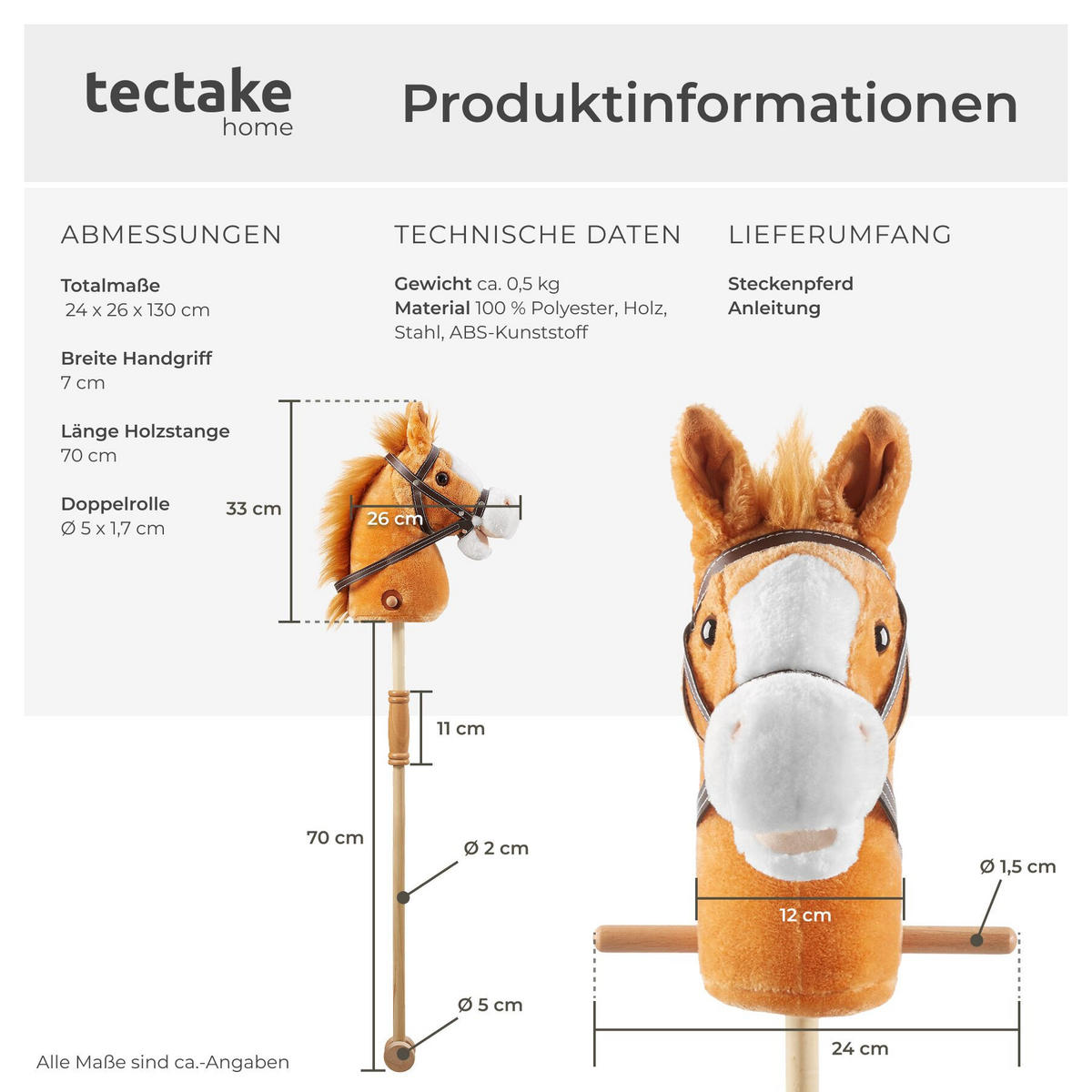 STECKENPFERD , Gesamtlänge 130 cm, braun - Braun, Textil (24/26cm) - tectake