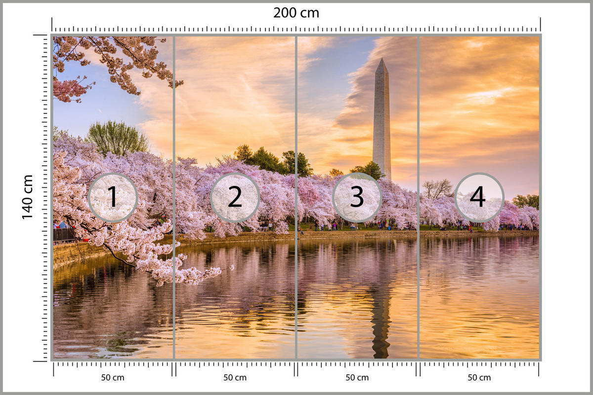 FOTOTAPETA Kvitnúce Čerešne Rieka Príroda Jar Západ Slnka 200 x 140 cm - oranžová/modrá, papier (200/140cm) - Muralo