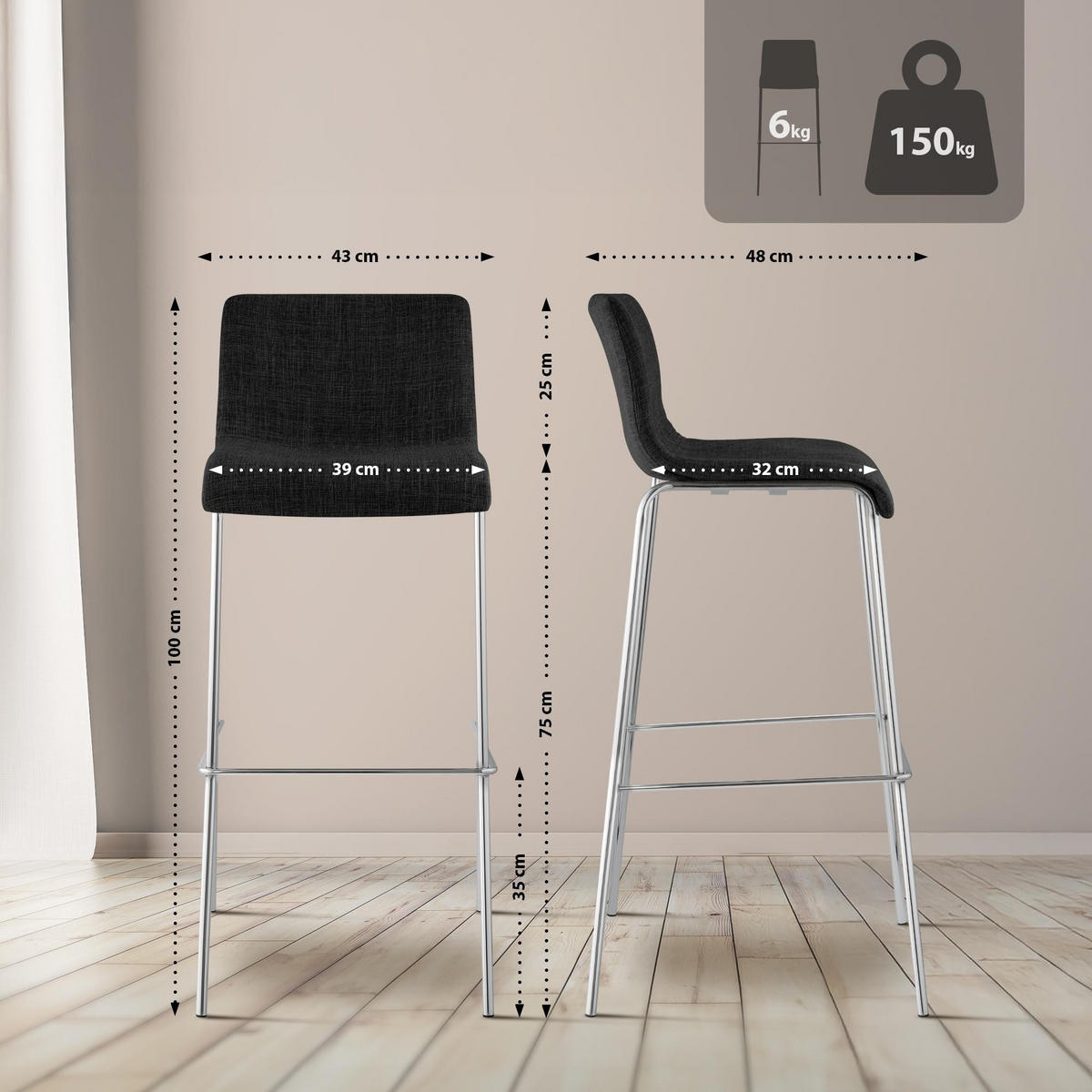 BARHOCKER Hover 100x43x48 cm dunkelgrau - Dunkelgrau, Textil (43/100/48cm) - furnicato