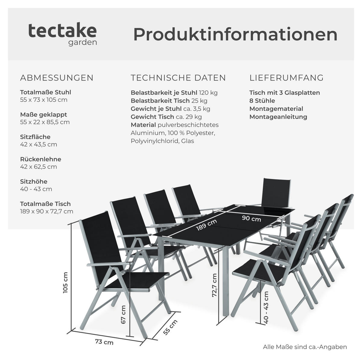 SITZGRUPPE Pompeii,Tisch mit Sicherheitsglasplatten und Ausgleichsschrauben,silber - Silberfarben, Naturmaterialien/Kunststoff - tectake