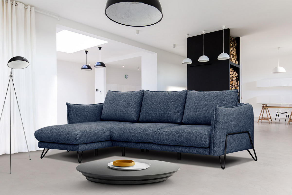 ECKSOFA HOSTEN 4-Sitzer, dunkelblau - Schwarz/Dunkelblau, Holzwerkstoff/Textil (158/269cm) - Courtois Laville