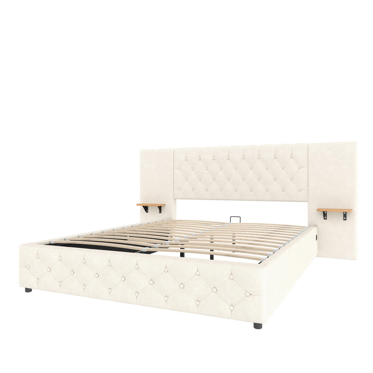 POLSTERBETT 160/200 cm Beige mit breitem Kopfteil LED-Licht USB-Anschluss hydraulischem Hebesystem - Beige, Textil (160/200cm) - OKWISH