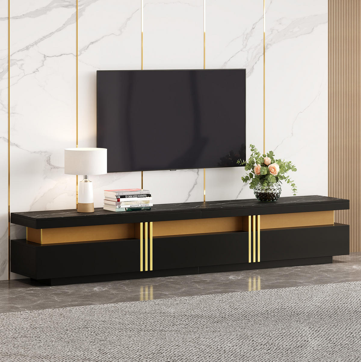 TV stolek 200/40/42 cm černý z dřevotřísky se 3 zásuvkami a vedením kabelů - černá, kompozitní dřevo (200/42/40cm) - OKWISH