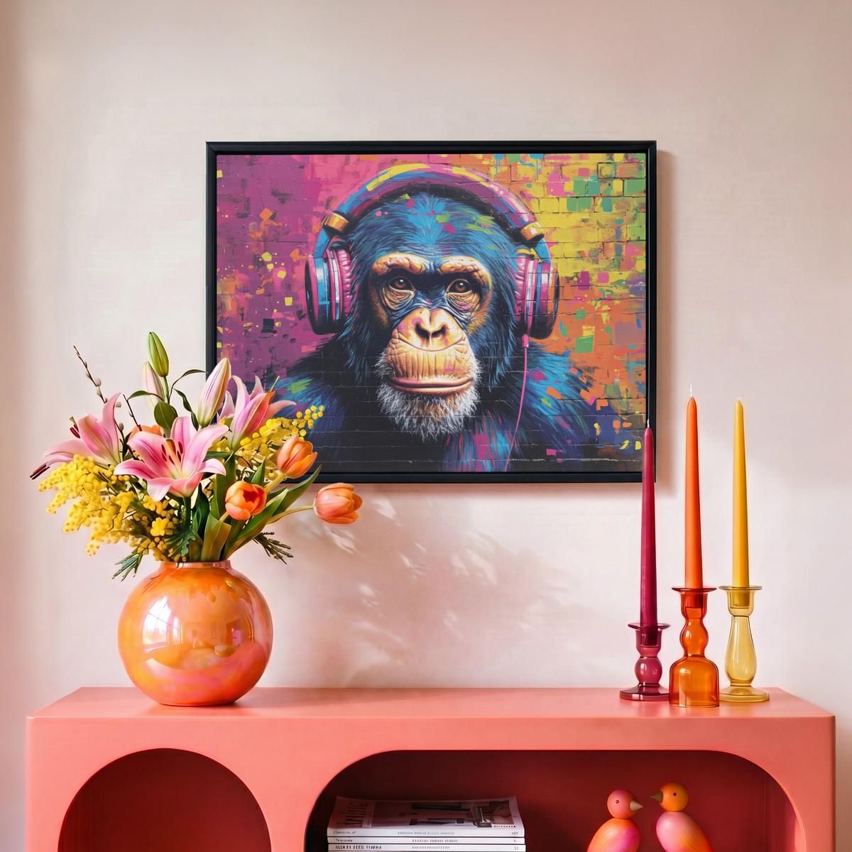 LEINWAND Bilder mit Rahmen - Graffiti - Schimpanse - Straßenkunst - Kopfhörer - Affe - 40x30 - Blau, Textil (40/30cm) - MuchoWow