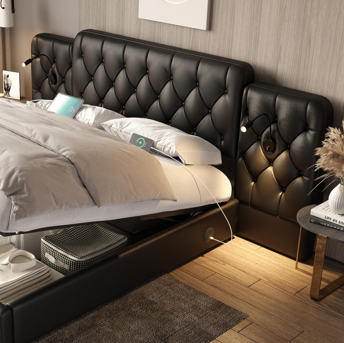 BETT mit Stauraum und USB 160x200 cm PU-Leder Schwarz - Schwarz, Metall (160/200cm) - Meubliv