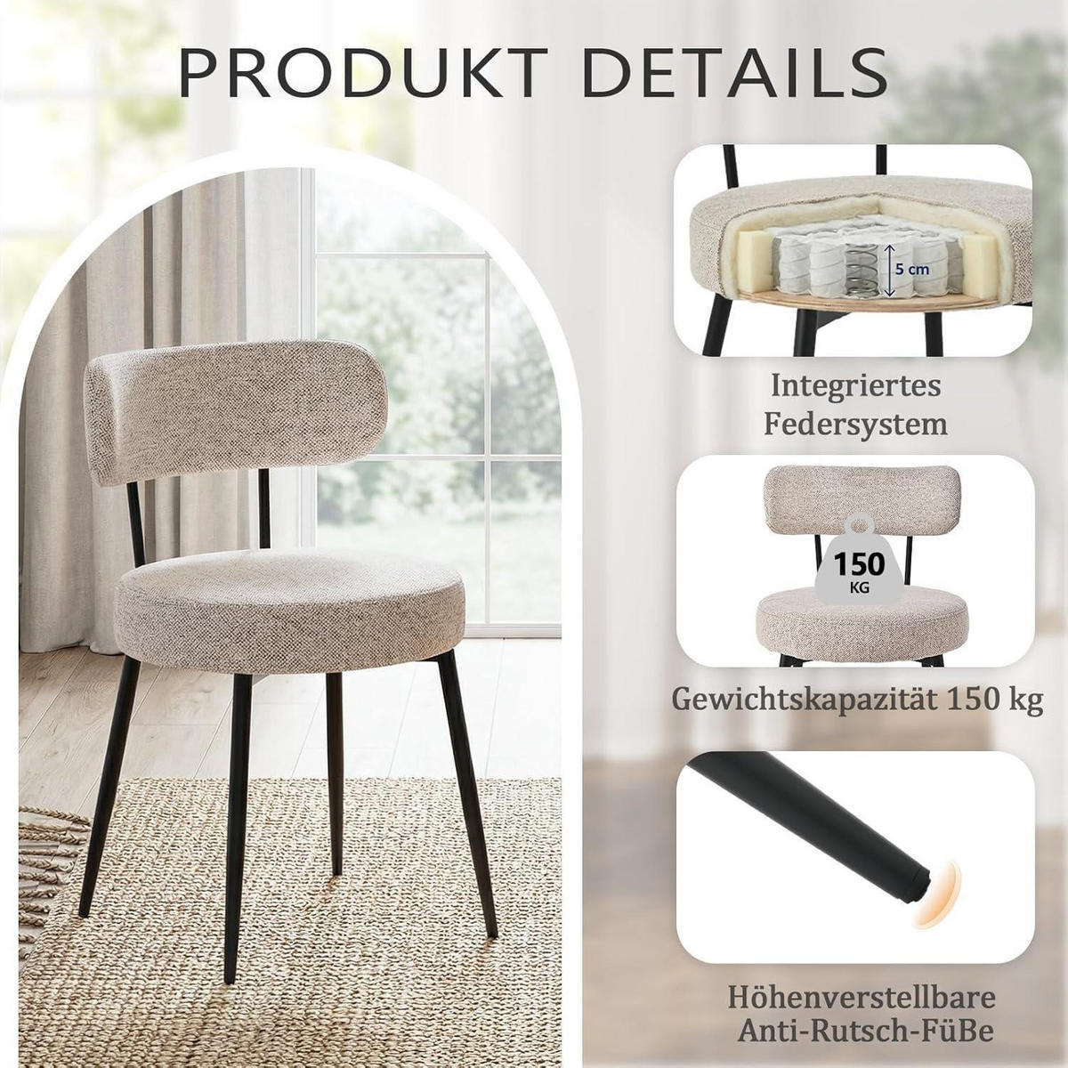 ESSZIMMERSTÜHLE 6er Set Bouclé Leinen Braun mit Metallbeinen - Beige, Textil (54/80.5/50cm)