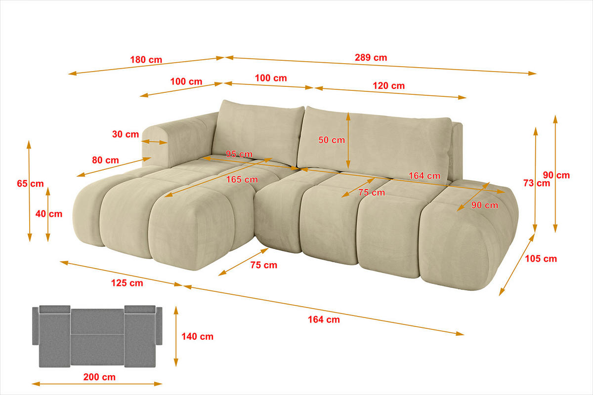 ECKSOFA Ottomane Links CLOUD-L 289x180x40 Beige Velours - Beige, Holzwerkstoff/Kunststoff (180/289cm) - ALTDECOR