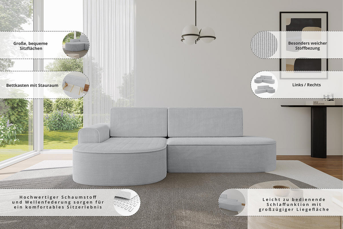 ECKSOFA mit Schlaffunktion und Bettkasten Ottomane Links MARI-L1-S - 283x167x73 cm Grau Velours - Anthrazit/Schwarz, Holzwerkstoff/Kunststoff (283/167cm) - ALTDECOR