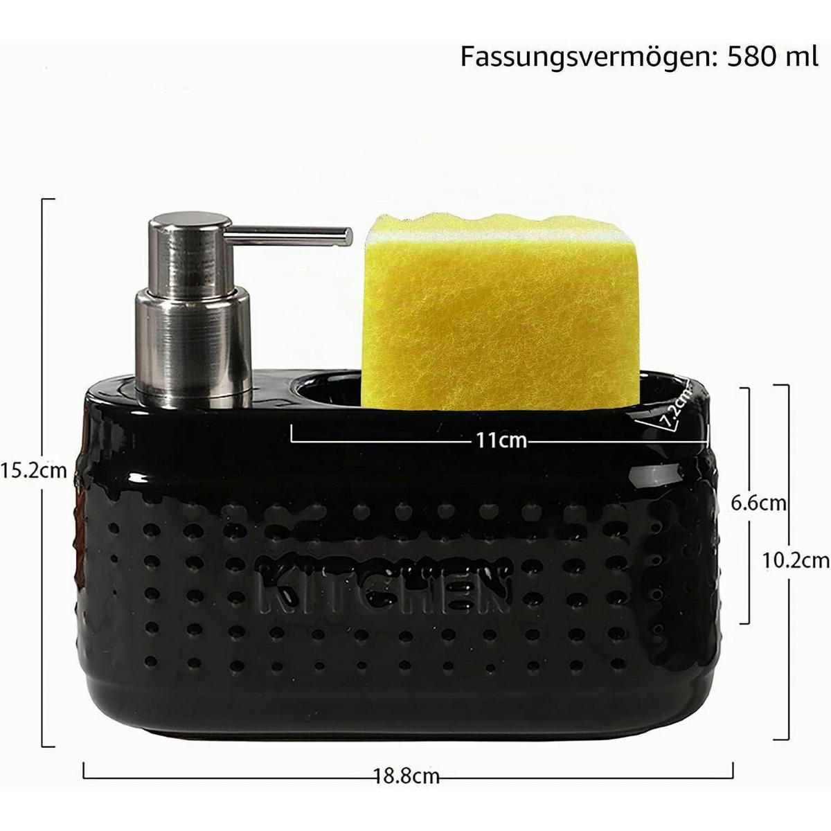 SPÜLMITTELSPENDER Keramik Schwarz 600 ml mit Schwammhalter - Schwarz, Keramik (7.2/15.2/18.8cm)