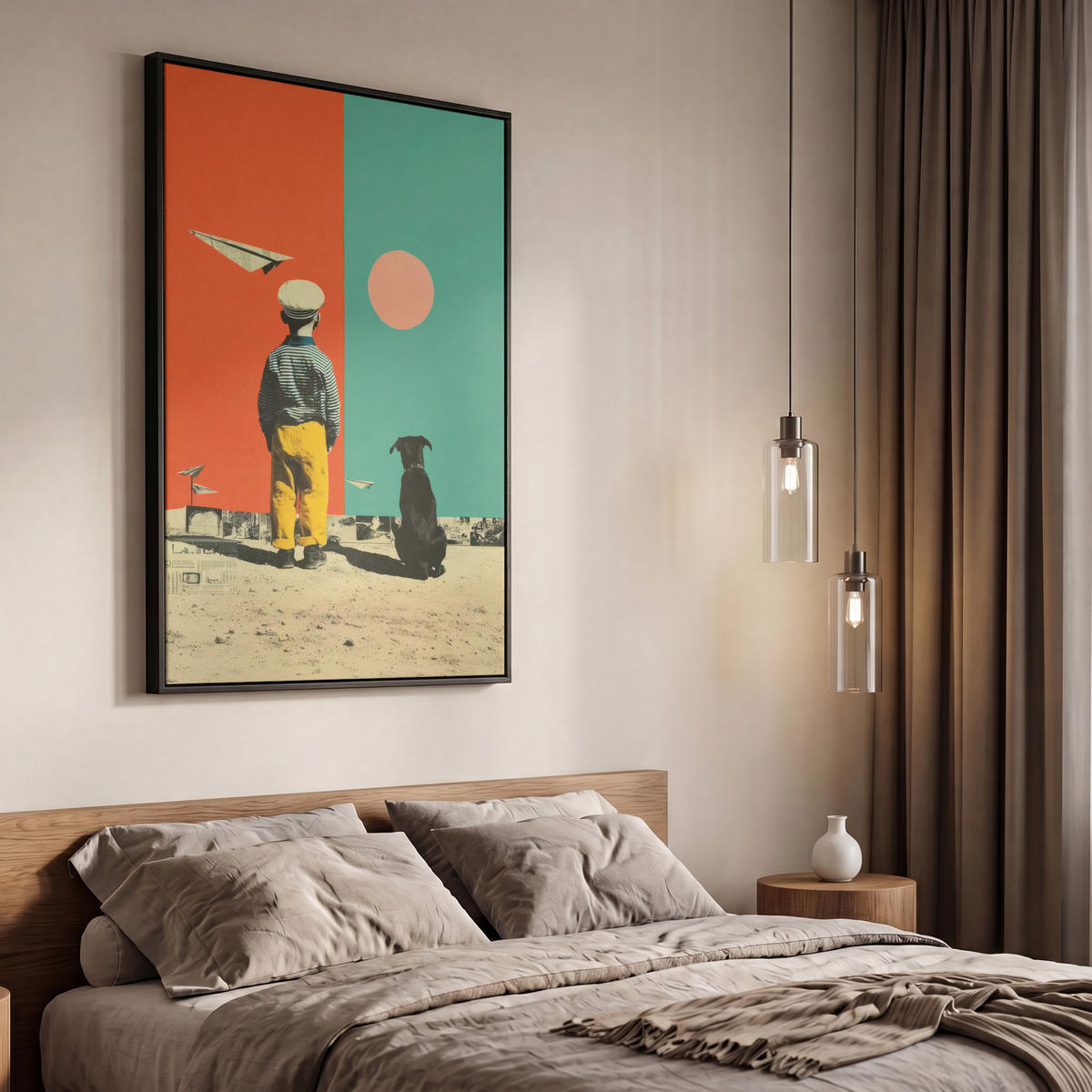 LEINWAND Bilder mit Rahmen - Retro - Junge - Hund - Rot - Grün - 60x90 - Orange, Textil (60/90cm) - MuchoWow