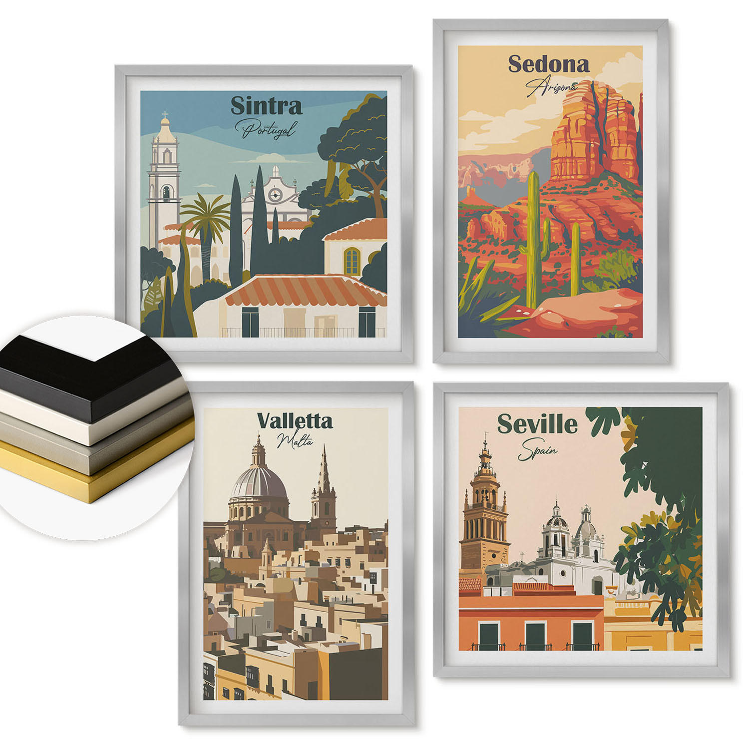 WANDBILDER 4er Set - 50x50 cm & 40x60 cm Silberner Rahmen - Retro-Stadtansichten Sedona Sintra - Silberfarben, Kunststoff (50/50cm) - ArtPrintCave