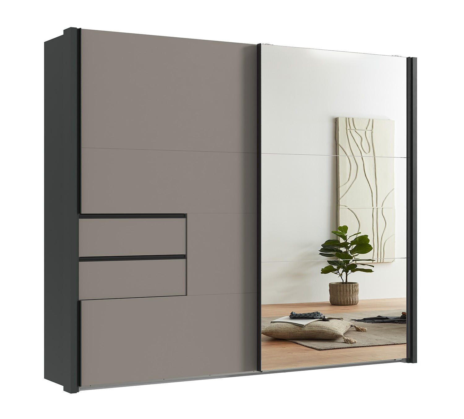 SCHWEBETÜRENSCHRANK B262/H216/T65 cm, Korpus+Passepartout Grafit, Türen+Schubladen Sand Grau / Spiegel, inkl. Vollausstattung / 22062 - Sandfarben/Schwarz, Holzwerkstoff/Metall (262/216/65cm) - luma-home