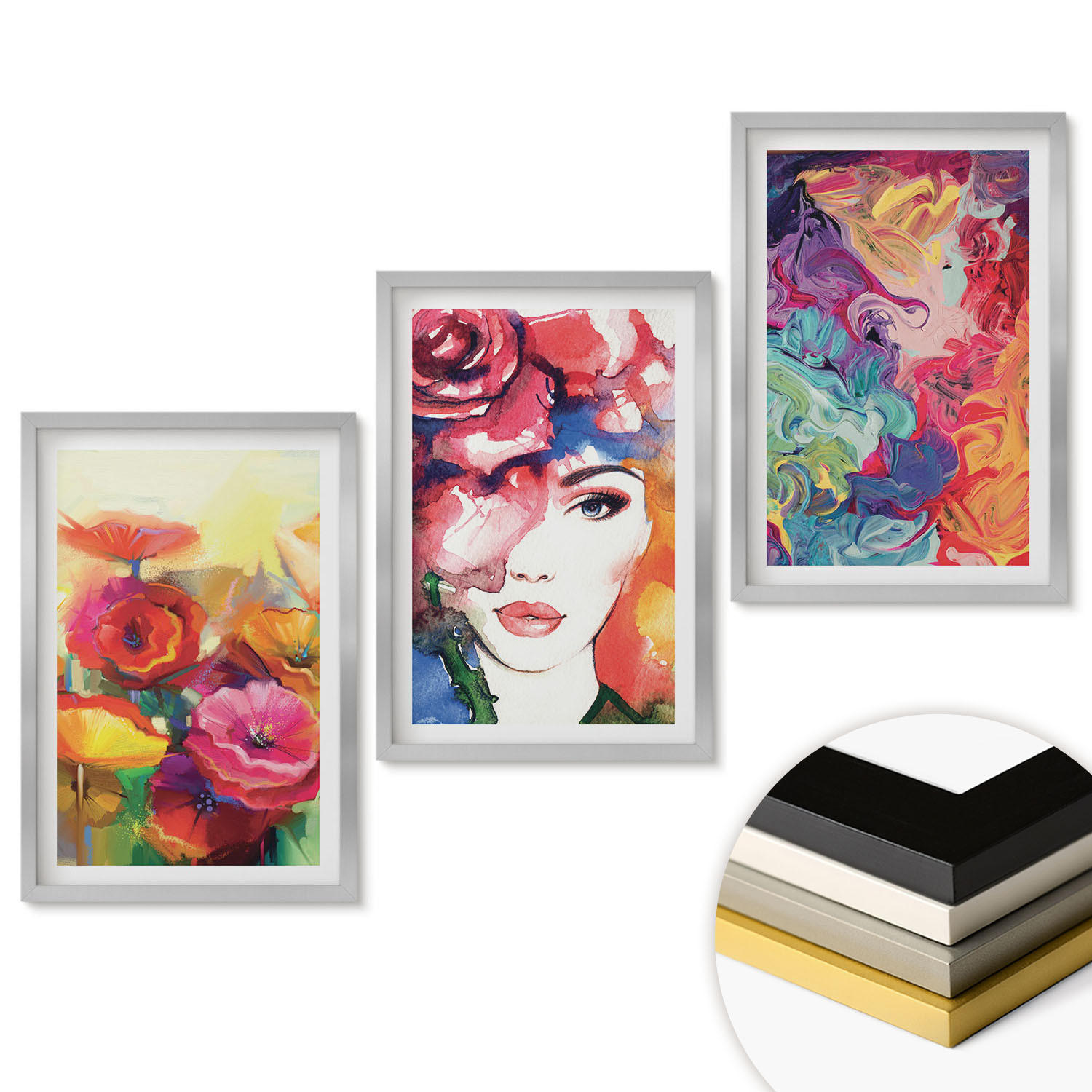 WANDBILDER 3er Set - 40x60 cm Silberner Rahmen - Intensives Blumenporträt einer Frau - Silberfarben, Kunststoff (40/60cm) - ArtPrintCave