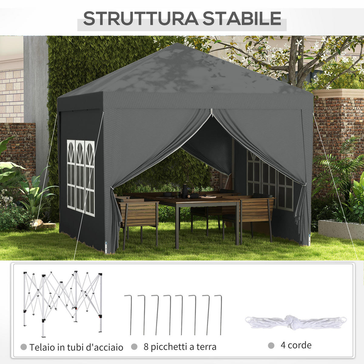 PAVILLON (3 x 3 m) mit 4 Seitenwänden,Faltbarer - Grau, Metall (295/258/295cm) - Vallsero