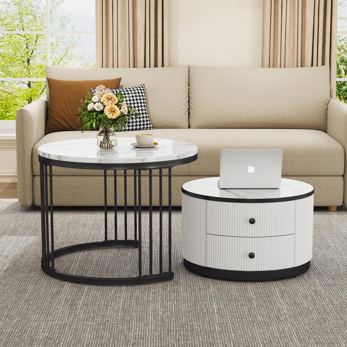 COUCHTISCH-SET 60/50 cm in Marmoroptik mit 2 Schubladen - Weiß, Holzwerkstoff (60/60/45cm) - BEAOK